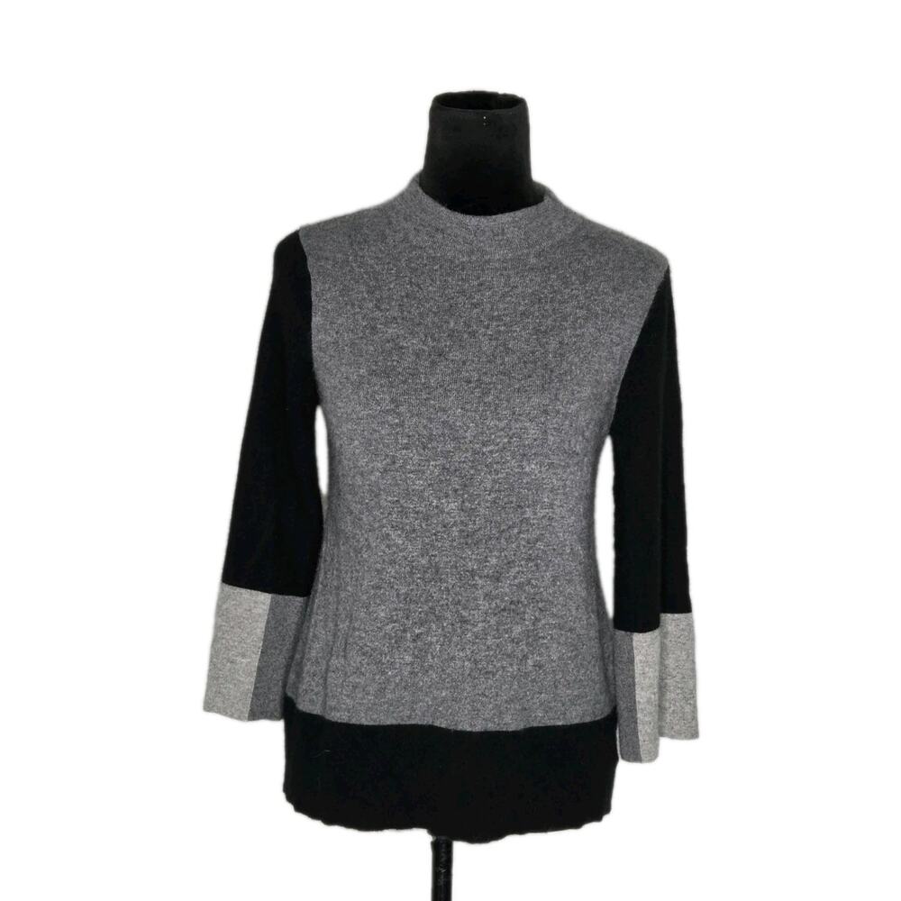 Kinross Cashmere Mock Neck Flared Sleeves Colorblock Sweater Gray Black Size M